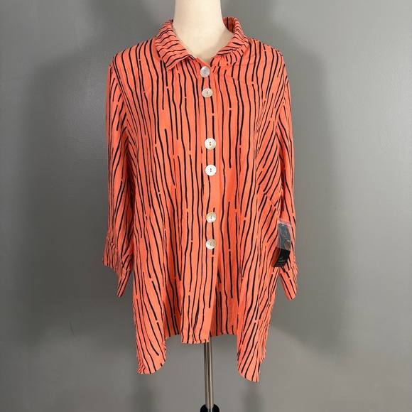 NWT Ali Miles Womens 2X Coral Black Stripe Button Up Tunic Top Boho Whimsy - Picture 1 of 9